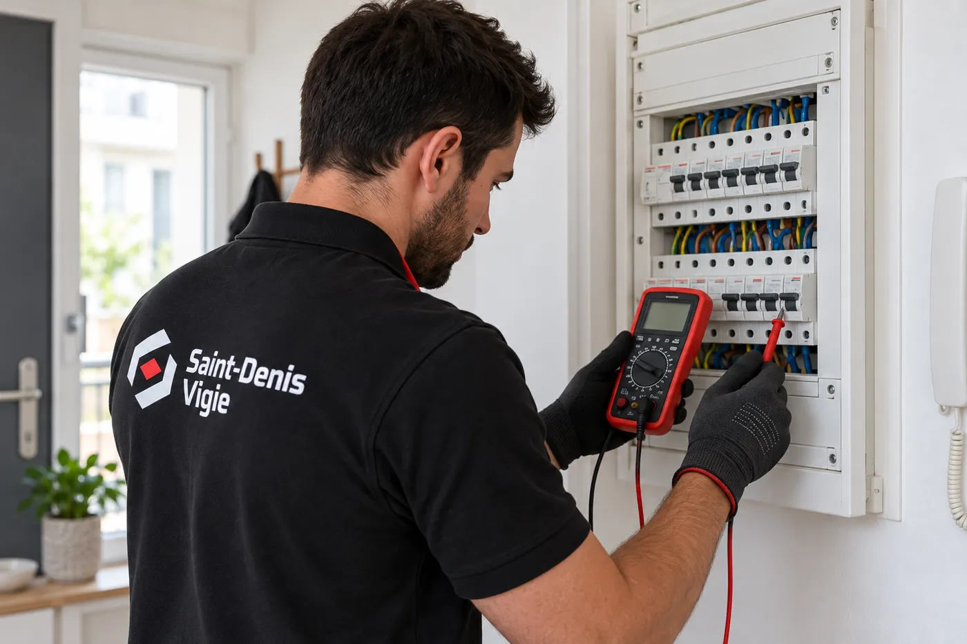 Électricien Saint-Denis Vigie mesurant au multimètre les disjoncteurs d'un tableau électrique à Saint-Denis (93200)